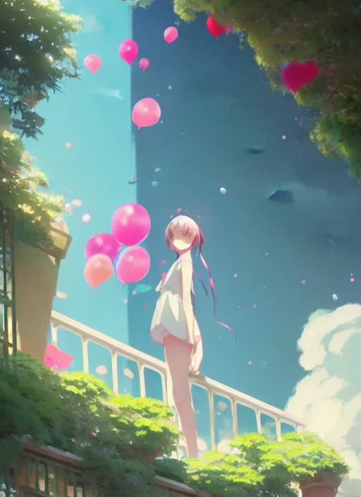 Prompt: girl stand in the a balcony where plants and flowers all around, she is watching a lot of balloons flying over, epic perspective, illustration concept art anime key visual trending pixiv fanbox by wlop and greg rutkowski and makoto shinkai and studio ghibli