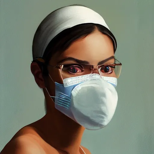 Prompt: A woman in 1980s clothing with a visor on her face and wearing a surgical mask, gucci catwalk, oil painting, digital art, ultradetailed, artstation