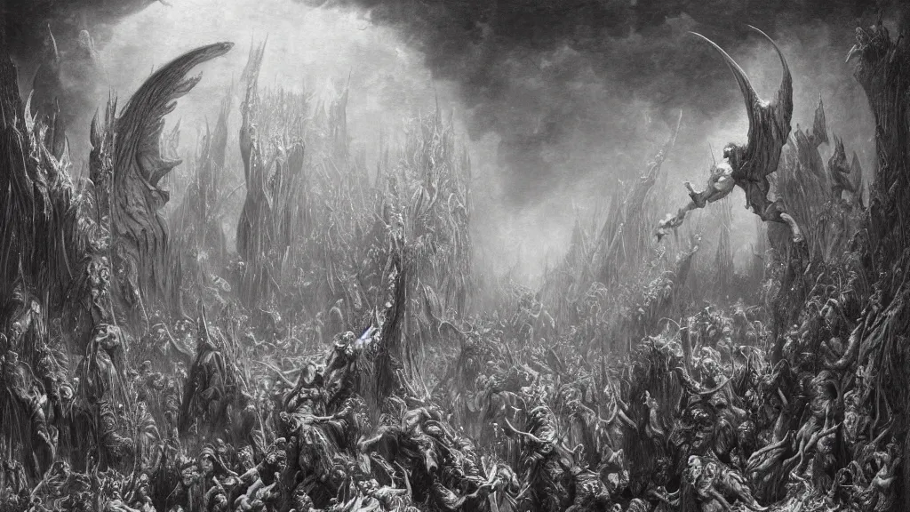 Image similar to satans fall from paradise into hell by gustave dore, james ryman, wayne barlowe. muted color