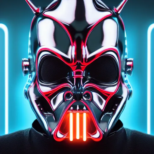 Image similar to chrome darth maul, glossy, metallic, neon, symmetrical, tribal patterns, realistic, unreal engine, octane, redshift, artstation, behance