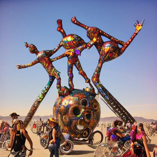 Image similar to aliens dancing on a art car at burningman