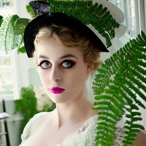 Prompt: big eyes full body fashion model margot robie smokey eyes makeup eye shadow textured film grain fantasy, glow, shimmer as victorian woman in a long white frilly lace dress and a large white hat having tea in a sunroom filled with flowers, roses and lush fern flowers ,intricate, night, highly detailed, dramatic lighting , high quality