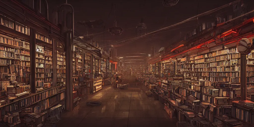 Prompt: cinematic shot of the interior of an old bookstore full of books, dystopian future, neon lights, sci - fi, night lights, haze, concept art, intricate, in the style of katsuhiro otomo, akira, unreal engine