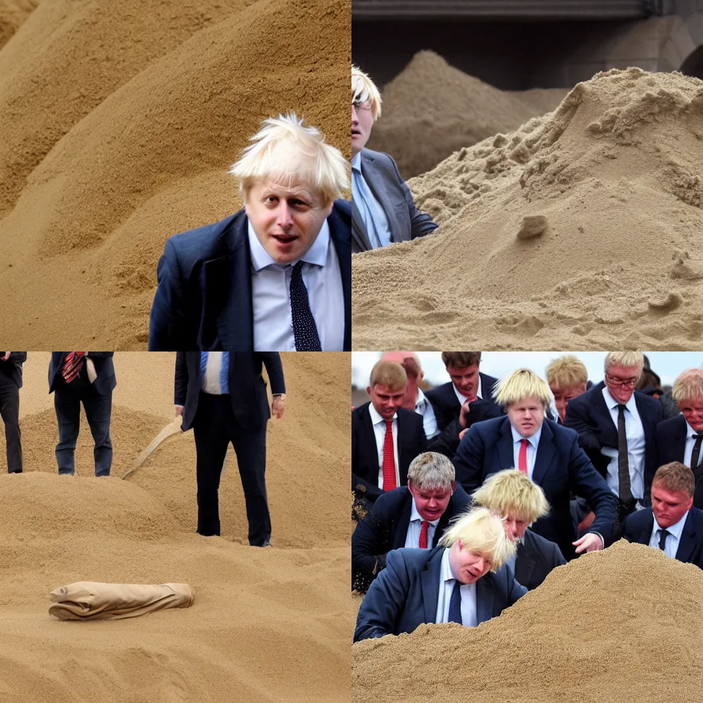 Prompt: boris johnson buried in a massive pile of sand