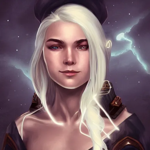 Prompt: fantasy portrait of a female human adventurer with white skin, white hair, white eyes without pupils, slightly - pointed ears, short wavy hair, eyebrow scar, trending on artstation, gentle smile, friendly, glowing, 4 5 angle, warm and welcoming