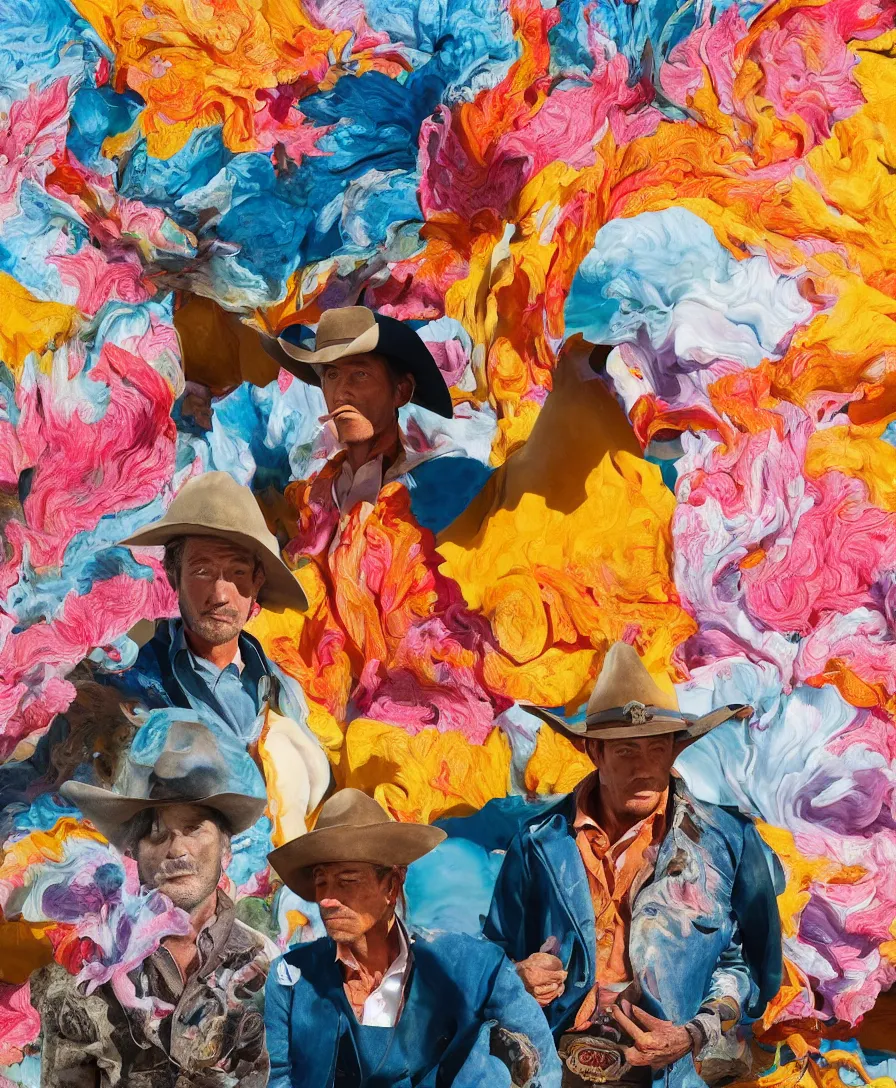 Image similar to a cowboy turning into blooms by slim aarons, by zhang kechun, by lynda benglis. tropical sea slugs, angular sharp tractor tires. complementary bold colors. portait of a manly cowboy. warm soft volumetric dramatic light. national geographic. 8 k, rendered in octane, smooth gradients. angular sculpture by antonio canova by gian lorenzo bernini.