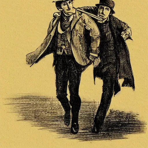 Prompt: Sherlock Holmes carrying Dr Watson on his back, in the style of Sidney Paget