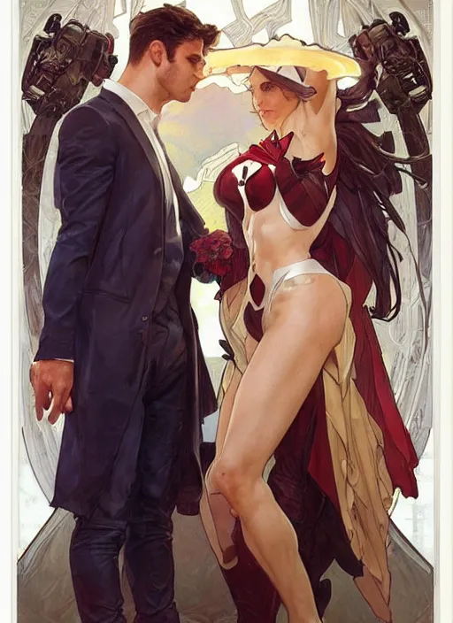 Image similar to a couple, a handsome man and a beautiful woman. they are dressed as superheroes. clean elegant painting, beautiful detailed face. by artgerm and greg rutkowski and alphonse mucha