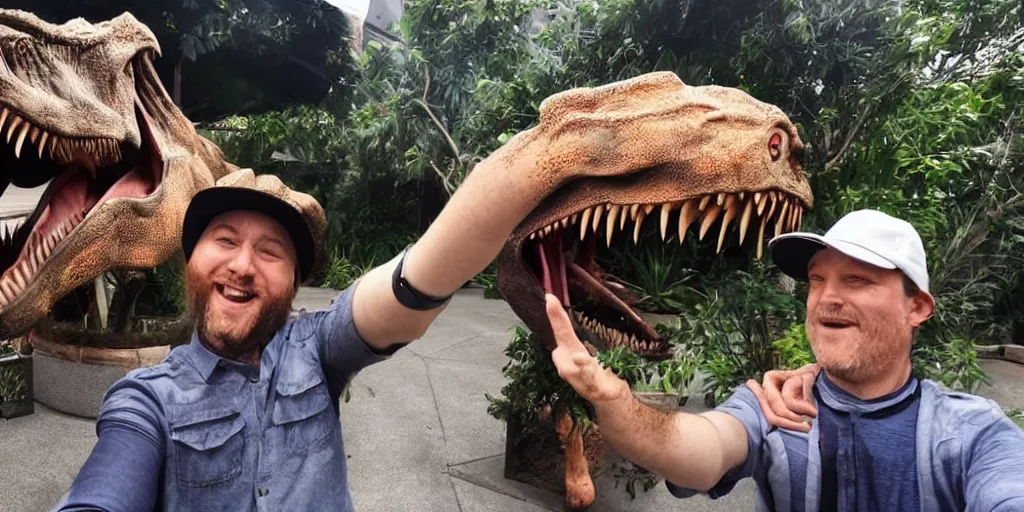 Image similar to a man taking a selfie beside a tyrannosaurus rex, award-winning photography, 8K UHD