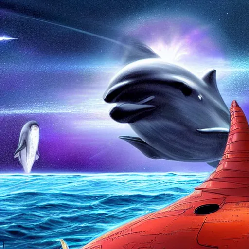 Prompt: a spaceship flies past an alien ocean and a dolphin wistfully watches from the water, sci-fi digital art illustration,