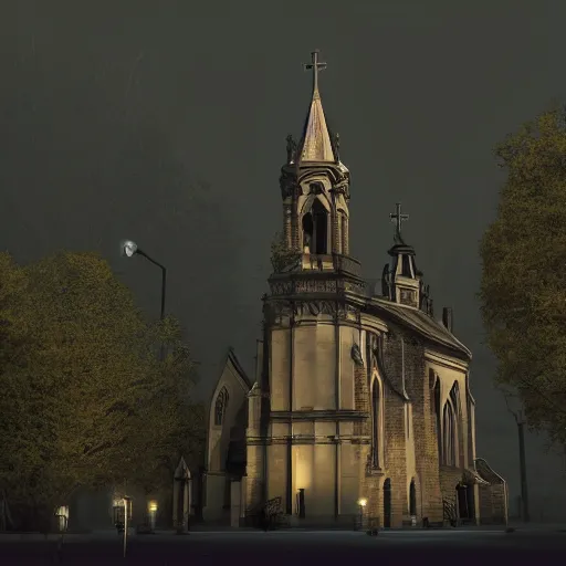 Image similar to victorian church in the middle of the city, dark, misty, at night, 8 k, detailed, concept art, trending on artstation