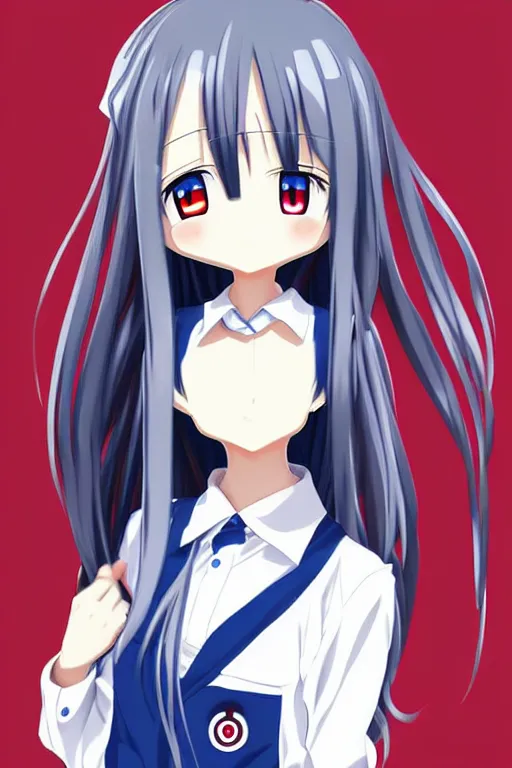 Image similar to full body anime portrait of a cute android girl round eyes long hair dressed in a school uniform inside the school, stunning, highly detailed, anatomically correct