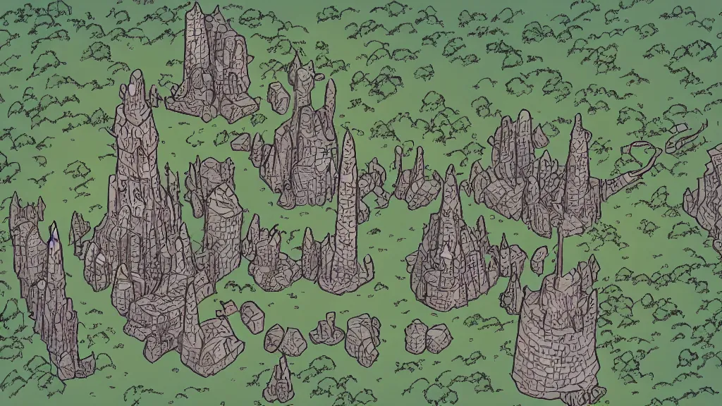 Image similar to Aerial view of a wizard tower next to a few mines and a few caves, lineart, colored