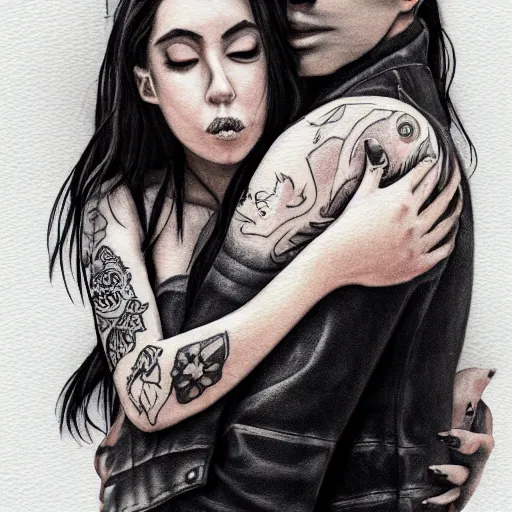 Image similar to Hot young woman, grey skin, void eyeballs, tattoos, wearing a leather jacket, hugging a shrouded man as they cry on her chest, comforting, touching, wholesome, digital art, concept art, trending on artstation, watercolour, big sister, little brother, realistic, 4k, 8k