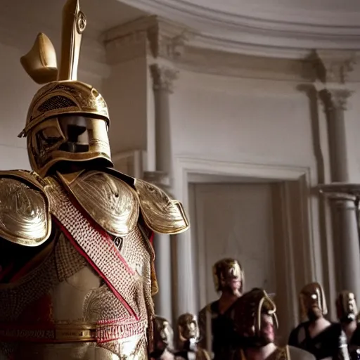 Image similar to cinematic shot of donald trump wearing ancient roman military armor in the white house, 8 k, very detailed, very intricate,