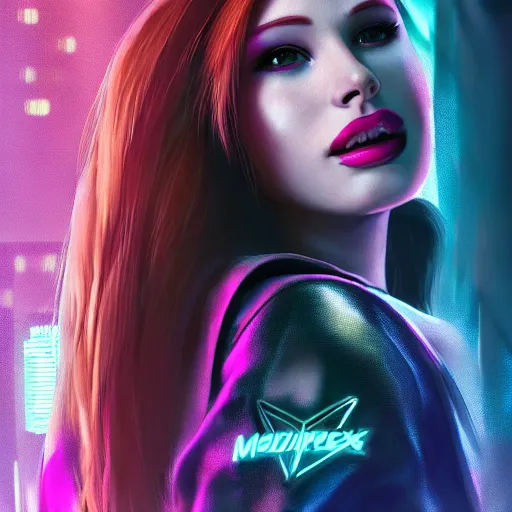 Image similar to madelaine petsch portrait, cyberpunk 2 0 7 7, cyberpunk judy alvarez, photorealistic, ultra detailed, neon, octane, bokeh, cinematic lighting, cyber, cyberpunk city, studio quality, feature, scars, cyberface, 8 k