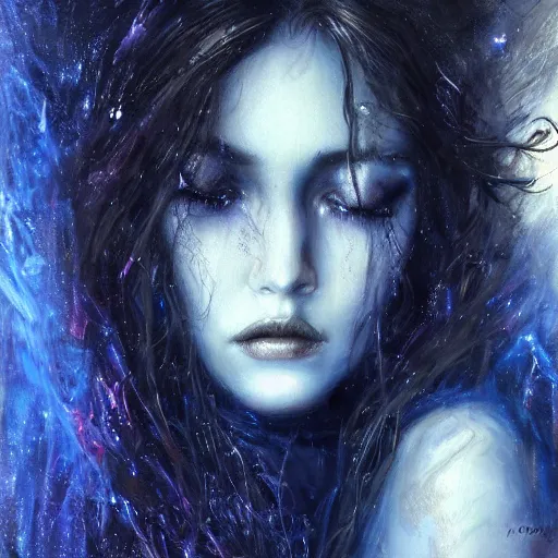 Image similar to masterpiece goddess of sorrow, realistic portrait, 3 0 years woman, melancholic face, long hair, digital painting by louis royo and julie bell, dark tenebrous blue background, cinematic light, aura effect, some chaotic sparkles, unreal engine, artstation, deviantart, pinterest, darker, more contrast