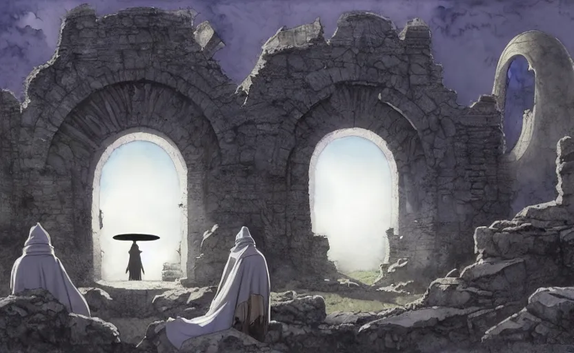 Prompt: a hyperrealist watercolour concept art of a dimensional time portal in the shape of a ruined arch. a medieval monk in grey robes is in the foreground. a ufo is in the background. very muted colors, post grunge, by rebecca guay, michael kaluta, charles vess and jean moebius giraud. high detail, hq, wide shot, 4 k