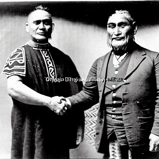 Image similar to a tattooed maori dignitary shakes hands with a 2 0 th century english caucasian industrialist, colorized 1 9 0 4 photo, kodak camera, historical event, credit the national archives of the united kingdom