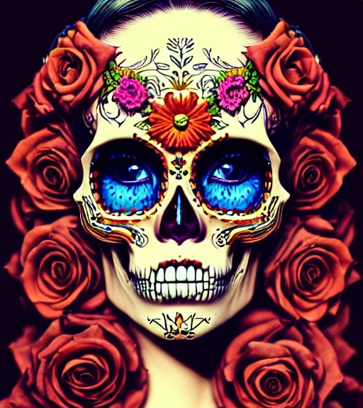 Image similar to a gorgeous fancy skull lady by dan mumford and gil elvgren, highly detailed, sugar skull, hyperrealism, intricate details, exceptional beauty, fool, pixel art, voxel, attractive, striking, lovely