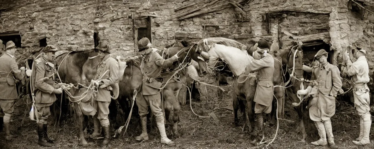 Image similar to soldiers feeding horses spaghetti, world war 1, canon 5 0 mm, kodachrome, in the style of wes anderson, retro