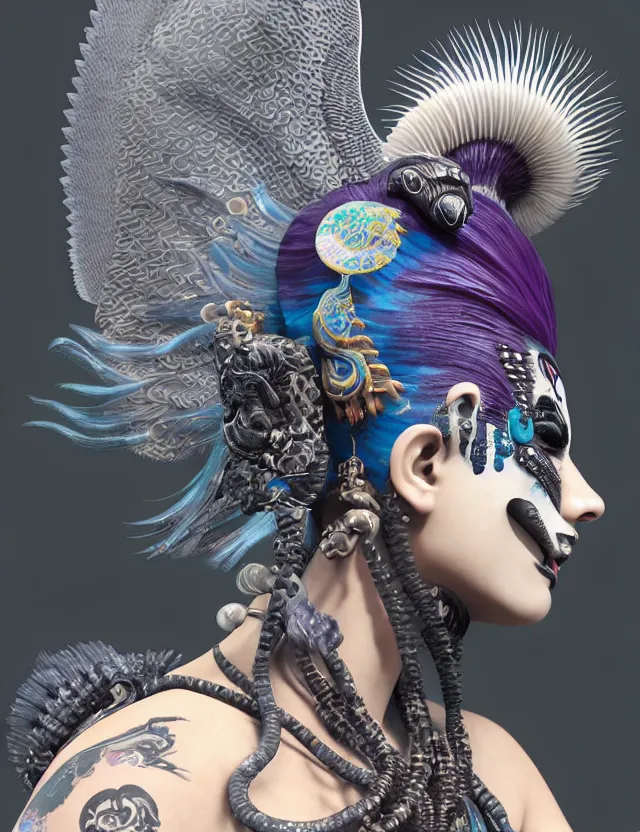 Image similar to 3 d goddess close - up profile portrait punk with mohawk with ram skull. beautiful intricately detailed japanese crow kitsune mask and clasical japanese kimono. betta fish, jellyfish phoenix, bio luminescent, plasma, ice, water, wind, creature, artwork by tooth wu and wlop and beeple and greg rutkowski