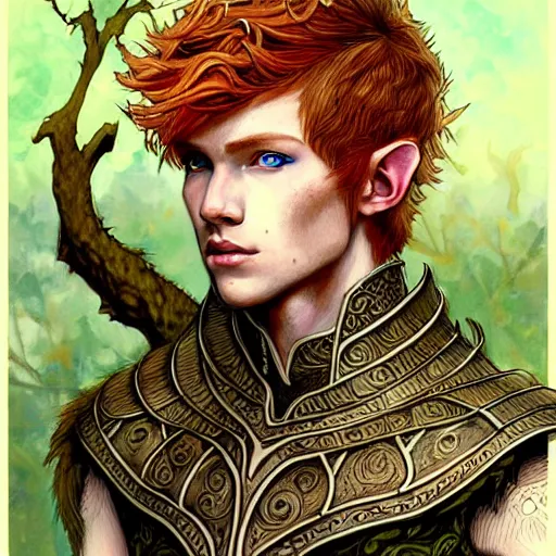 Prompt: portrait painting of an elven young man with short ginger hair and tree tattoos on his cheeks wearing fur armor, sharp focus, award - winning, trending on artstation, masterpiece, highly detailed, intricate. art by rebecca guay