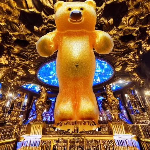 Image similar to a stunning image of a giant gummy bear on a golden pedestal, many people worshipping, dark cave like surrounding.