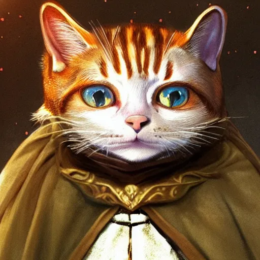 Image similar to if cats were lord of the rings characters, lotr, cats, cats dressed in lotr costumes, hobbits, gandalf, elves, dwarves, 4 k, hyper realistic, artstation