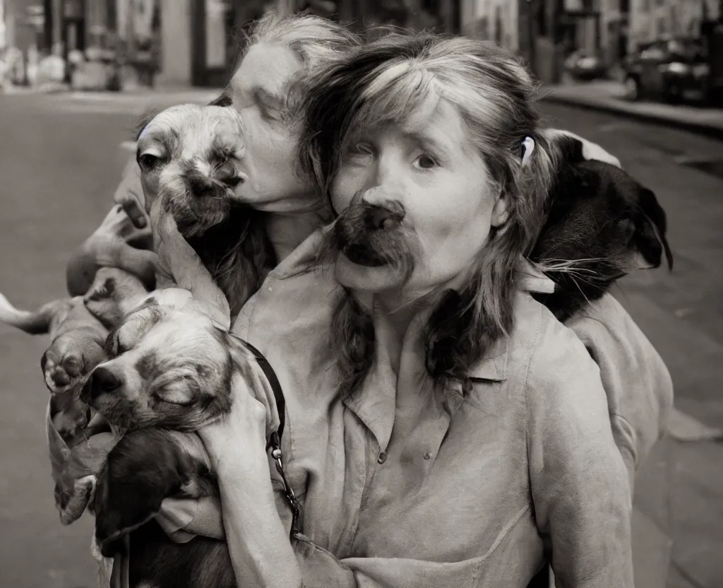 Image similar to closeup portrait of beautiful woman carrying a dog, smoky new york back street, by annie leibovitz and steve mccurry, natural light, detailed face, canon eos c 3 0 0, ƒ 1. 8, 3 5 mm, 8 k, medium - format print