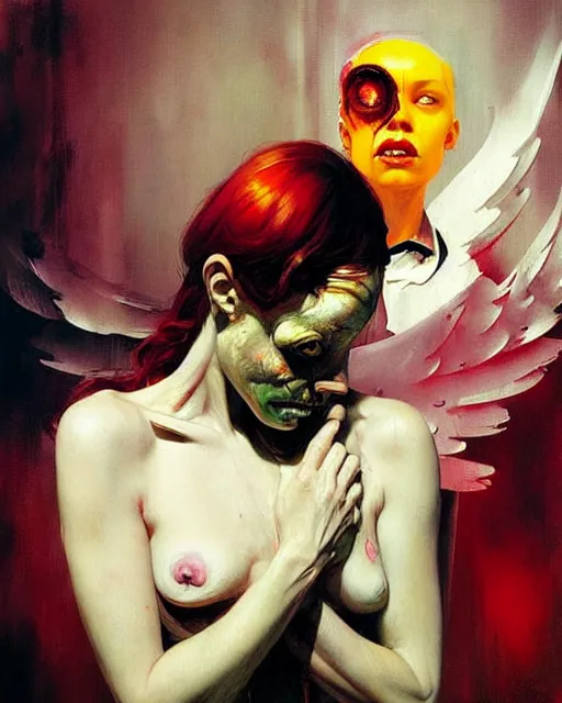 Image similar to angel versus devil, transhumanist speculative evolution, in the style of adrian ghenie, esao andrews, jenny saville, ( ( ( edward hopper ) ) ), surrealism, dark art, by david cronenberg, mariko mori