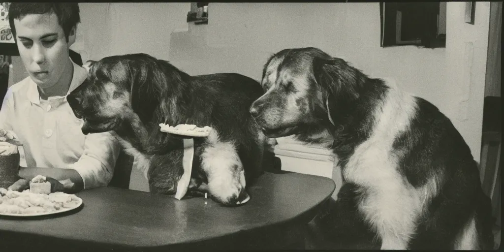 Image similar to A green dog eating hambugers while talking to his friend john, 1978 polaroid , 35mm