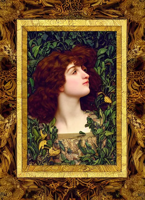 Image similar to masterpiece beautiful seductive flowing curves preraphaelite face portrait photography, extreme close up shot, straight bangs, thick set features, yellow ochre ornate medieval dress, laying amongst foliage mushroom forest circle arch, frederic leighton and kilian eng and rosetti, william morris and mucha, framed, 4 k