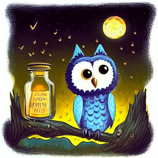 Image similar to a cute cartoon picture of an adorable owl of athena!! next to a a jar of fireflies! in the woods, a storybook illustration by arabella rankin and nyuju stumpy brown, behance contest winner, featured on pixiv, context art, storybook illustration, pop surrealism, nightscape, digital illustration