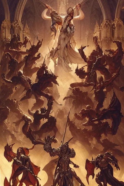 Image similar to epic battle between human warriors mages and demons, cathedrals and abbeys, fullbody!! dynamic action pose, religious, intricate, elegant, highly detailed, digital painting, artstation, concept art, smooth, sharp focus, illustration, art by artgerm and greg rutkowski and alphonse mucha