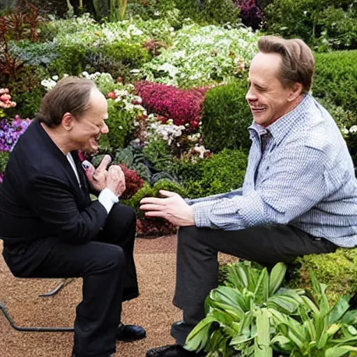 Prompt: danny devito proposing to steve buscemi in a romantic garden