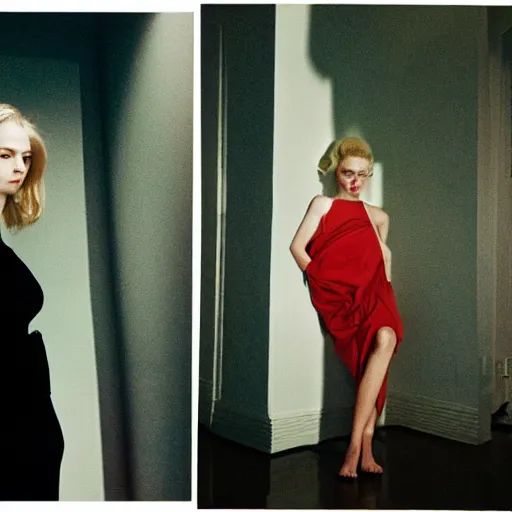 Image similar to realistic photoshoot for a new balenciaga lookbook, color film photography, portrait of a beautiful blonde woman, in style of nan goldin, 35mm