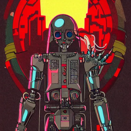 Image similar to detailed color manga illustration of jesus as an evil killer robot, cyberpunk, dark, akira