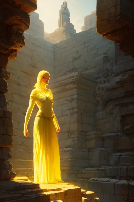 Image similar to invisible woman wearing an ancient greek tunic made of yellow paper, stephen bliss, unreal engine, fantasy art by greg rutkowski, rhads, ferdinand knab, makoto shinkai and lois van baarle, ilya kuvshinov, rossdraws, tom bagshaw, global illumination, radiant light