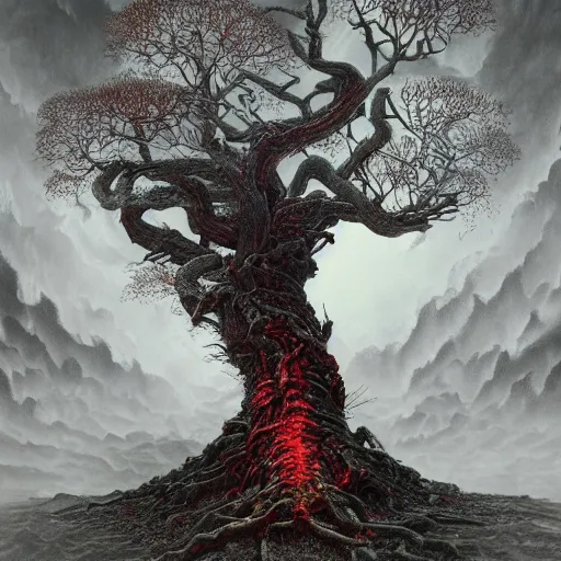 Image similar to Photorealistic tree of evil in the style of Michael Whelan and Gustave Dore. Hyperdetailed photorealism, 108 megapixels, amazing depth, glowing rich colors, powerful imagery, psychedelic Overtones, 3D finalrender, 3d shading, cinematic lighting, artstation concept art