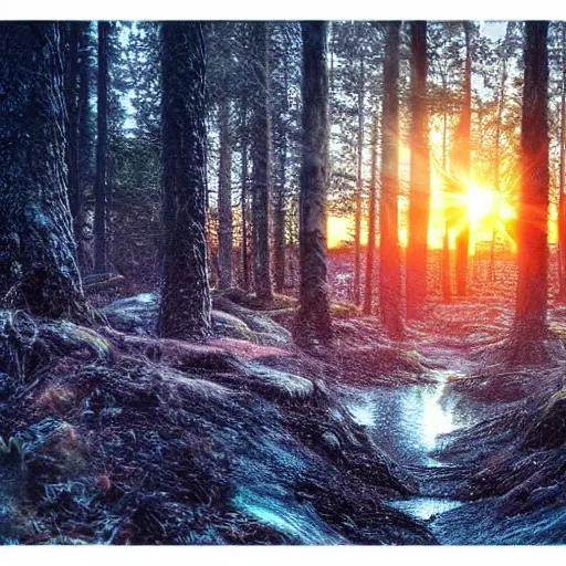 Image similar to sunset nordic forest, sparkling spirits, detailed wide shot, crayon, ground detailed, wet eyes reflecting into eyes reflecting into infinity, beautiful lighting