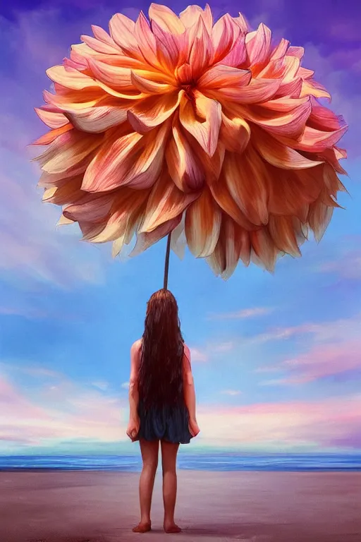 Image similar to closeup giant dahlia flower head, girl standing on beach, surreal photography, blue sky, sunrise, dramatic light, impressionist painting, digital painting, artstation, simon stalenhag