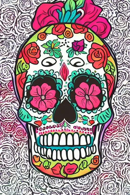 Prompt: Illustration of a sugar skull day of the dead girl, art by tom hammick