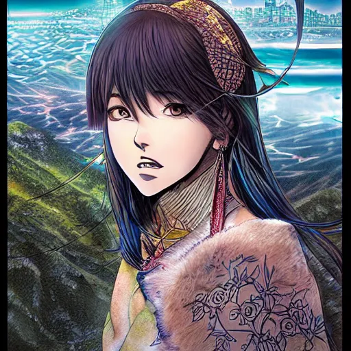 Prompt: beautiful girl looking from the edge of the mountain on the giant night city below, midnight, highly detailed colored manga page, illustration by diego facio, hyper realism