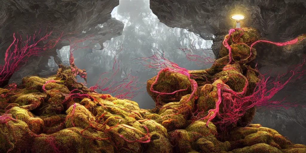 Prompt: Photorealistic intricate detailed picture of a levitating floating spirit with arms outstretched, made from colourful fungus tendrils. a gentle rising mist, an epic rocky landscape. occult photorealism, UHD, amazing depth, glowing, golden ratio, 3D octane cycle unreal engine 5, volumetric lighting, cinematic lighting, cgstation artstation concept art