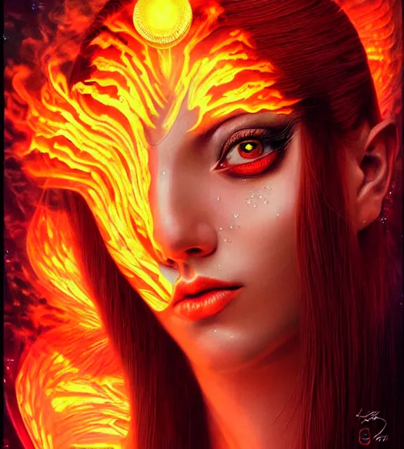 Image similar to fiery goddess, fluorescent tattoos, portrait, tarot card, digital art by artgerm and karol bak