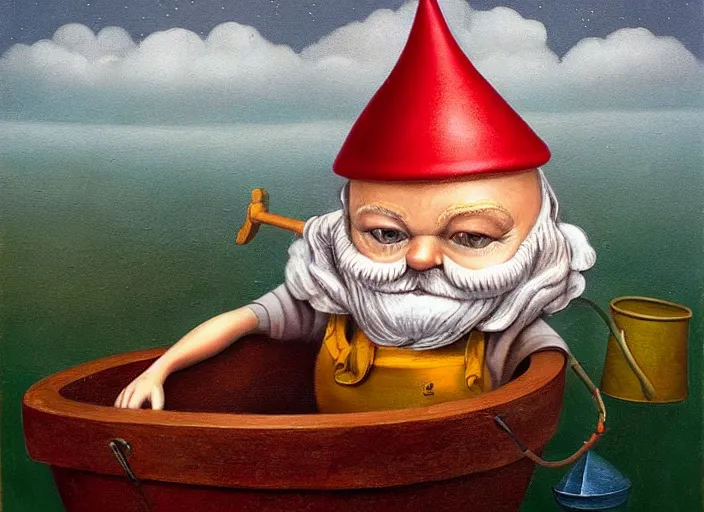 Prompt: a garden gnome sailing across a small bucket of water, an ultrafine detailed painting by mark ryden, trending on deviantart, pop surrealism, whimsical, lowbrow, grotesque