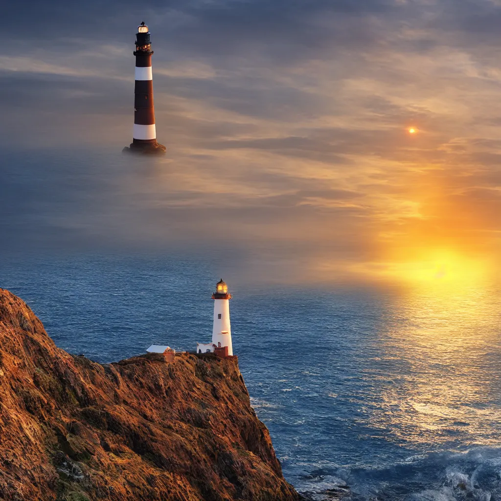 Prompt: a beautiful lighthouse on a cliff, rough sea, ultra realistic sunset, 8k