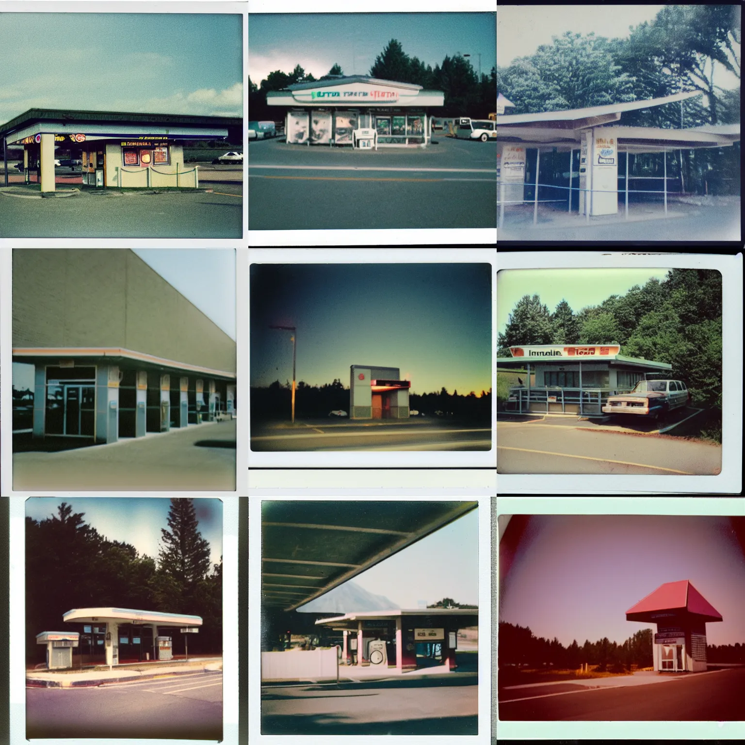 Prompt: instax polaroid film photo of a nostalgic highway rest stop attraction, faded glow, expired film analog photography