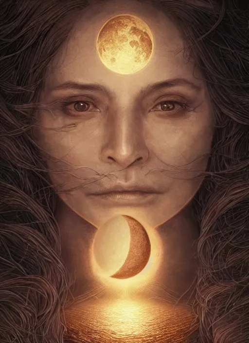 Image similar to golden moon at background, creative!!! composition for a book cover, absurdly beautiful, ultrafine hyperrealistic detailed old witch face by wlop and artgerm and greg rutkowski, intricate linework, sharp focus, smooth, octopath traveler, final fantasy, unreal engine, dramatic lighting, ethereal, 8 k